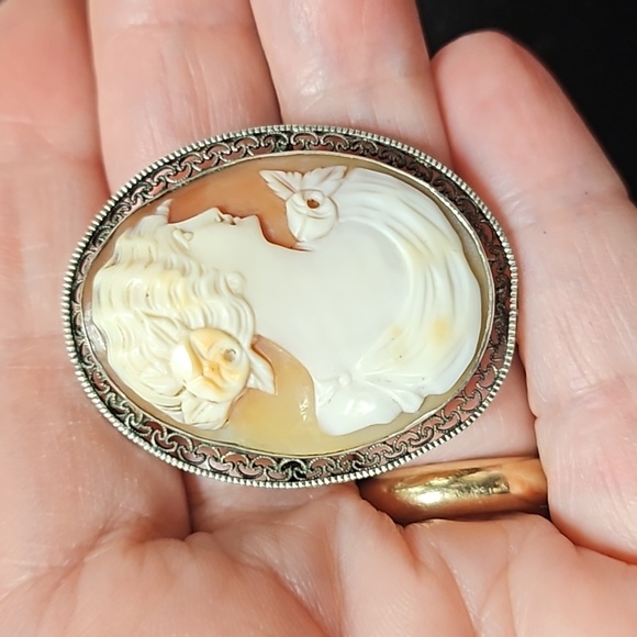 Vintage 1900s real Carnelian shell cameo, silver victorian 10k gold - Picture 3 of 9